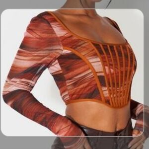 Prettylittlething corset top sheer‎ sleeves size 6. Earth tones.
